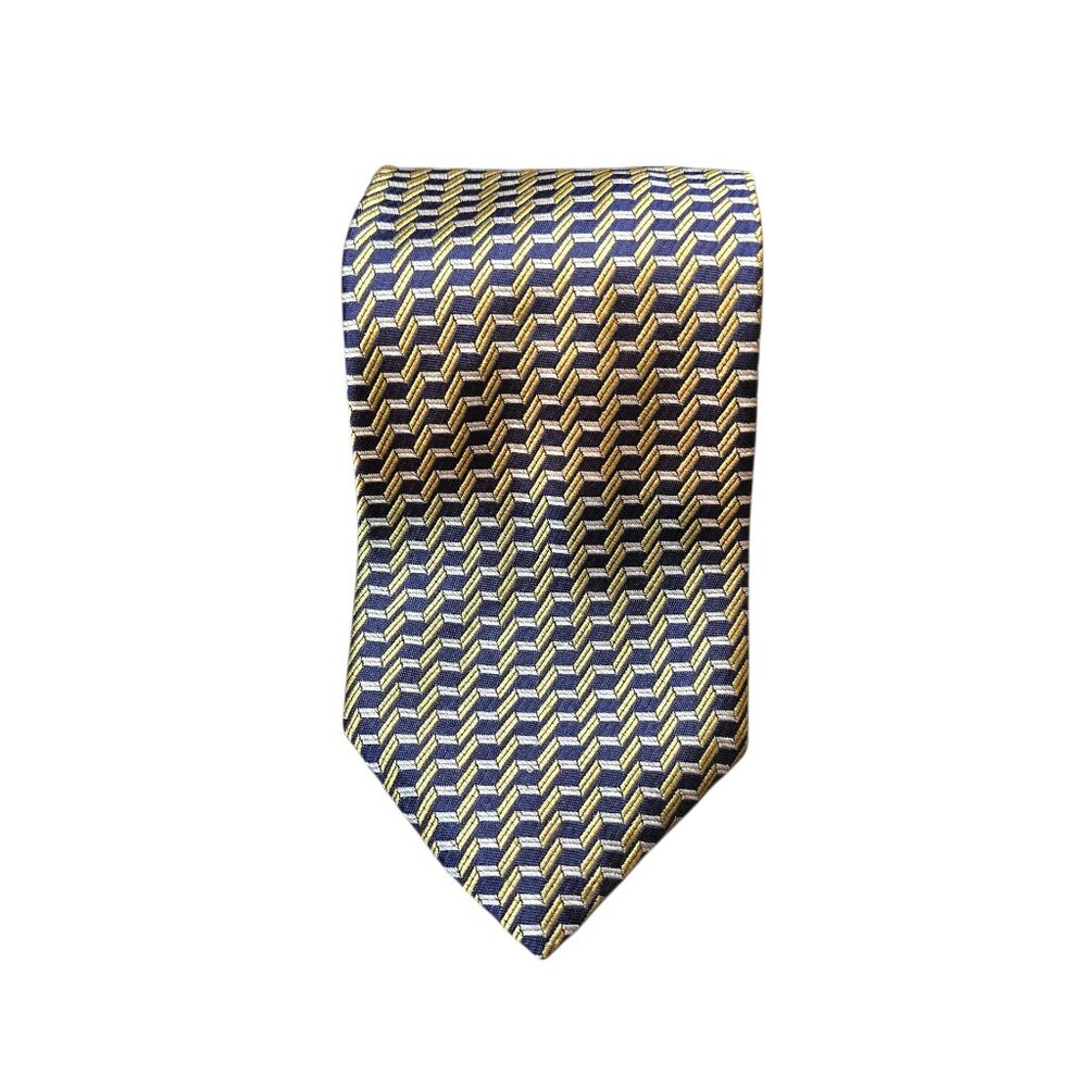 Jos A Bank 100% Silk Tie Gold Navy Blue Geometric Chevron Woven Classic Necktie